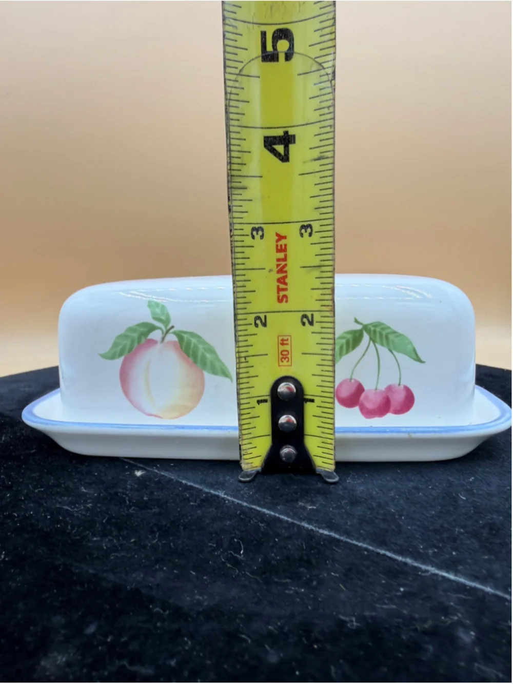 1999 Pfaltzgraff Hopscotch Fruit Ceramic Covered Butter Dish Peach Cherry